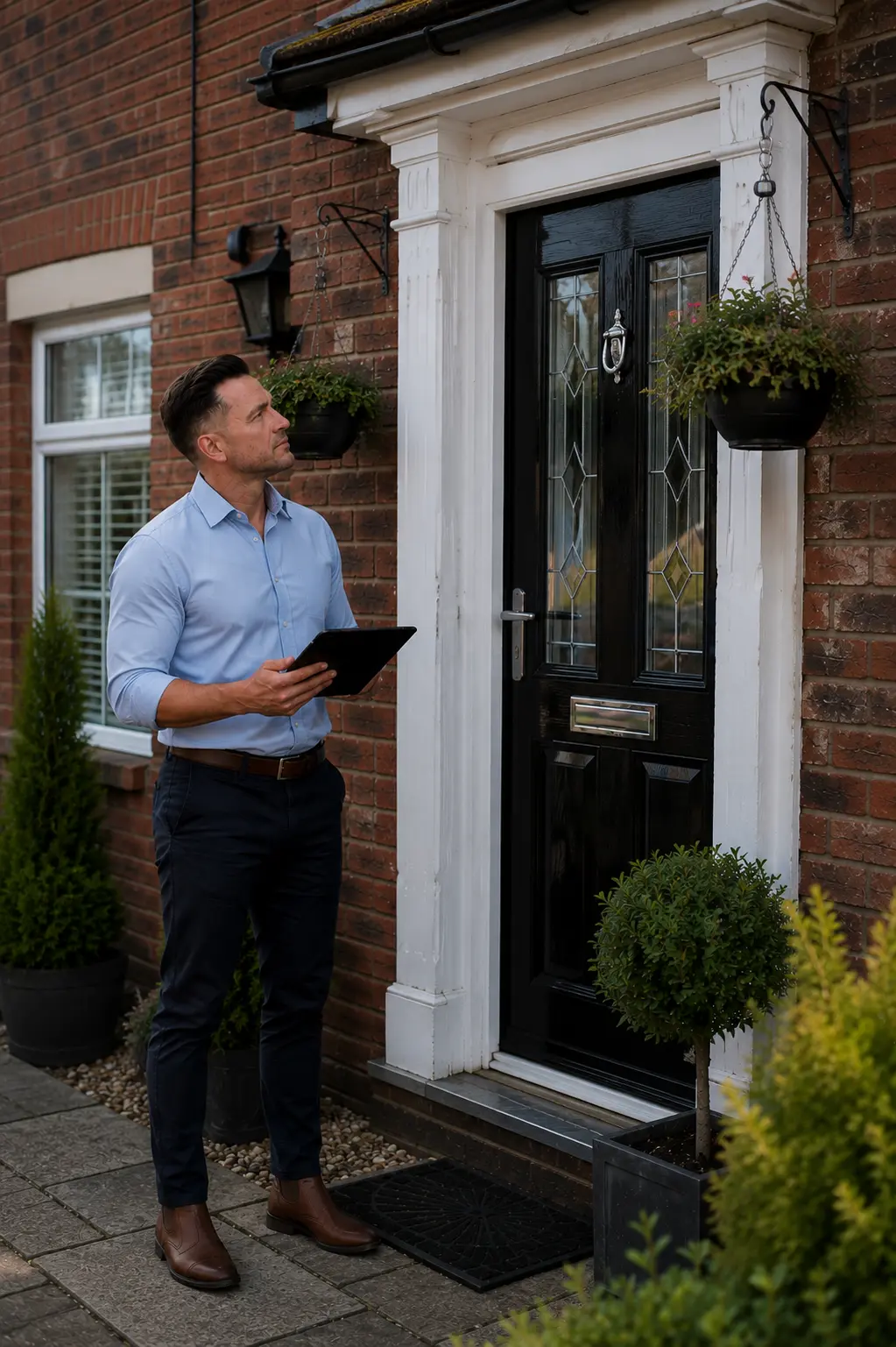 Inspector checking the front entrance of a brick home