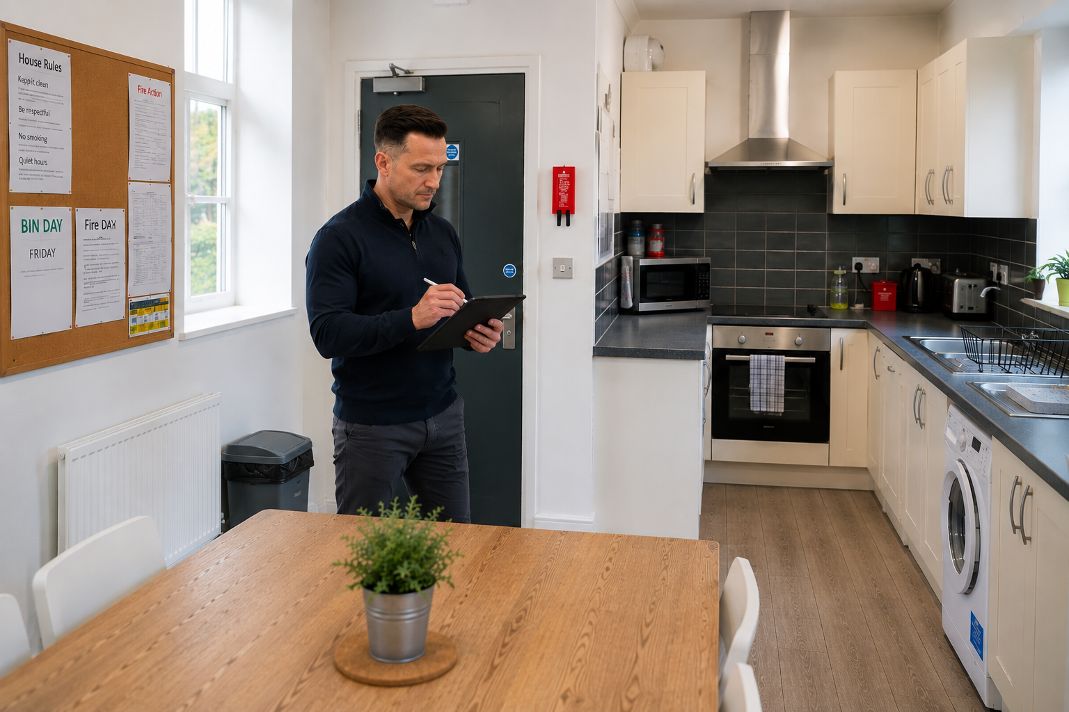 Inspector recording notes in an HMO communal kitchen