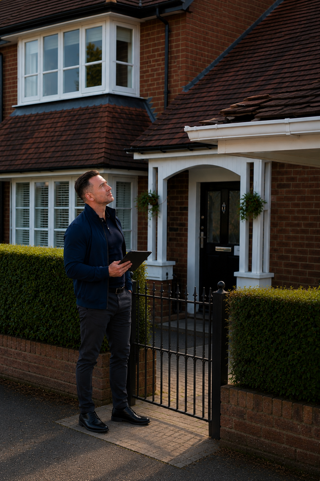 Inspector reviewing slipped roof tiles on a residential property